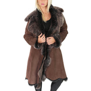 Womens Luxurious Toscana Long Coat Real Sheepskin Pamela Brown Gold Front 2