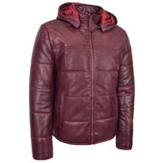 Mens Real Leather Puffer Jacket Fully Padded With Hood DRACO Burgundy 5