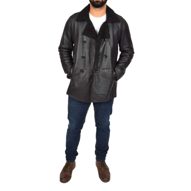 Mens Authentic Sheepskin Jacket Reefer Blazer Pea Coat Lorenzo Black Full