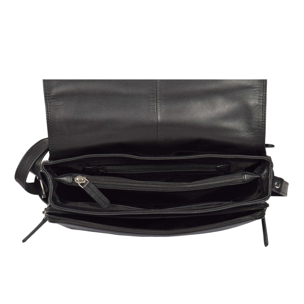 Ladies BLACK Leather Shoulder Bag Flap Over Handbag A190 Top Open