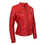 Womens Fitted Leather Biker Jacket Casual Zip Up Coat Jenny Red Front Angle 1
