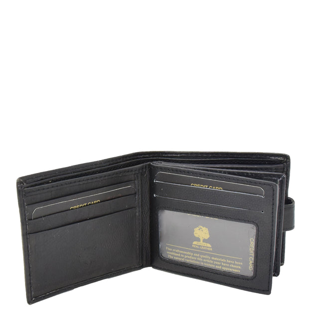 Mens Leather Bifold Wallet Cards Banknote Coins Case Snap Closure AV67 Black Open 3