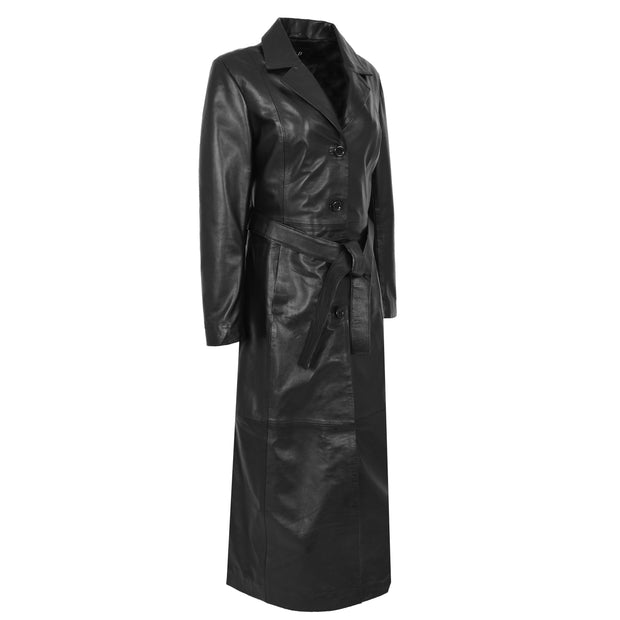 Womens Soft Black Leather Full Length Overcoat Ankle Long Matrix Trench Foxy Front Angle 2