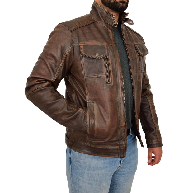 Mens Real Leather Vintage Brown Rub Off Antique Jacket Aron Open 3