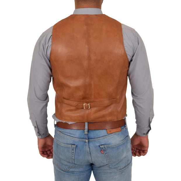 Mens Full Leather Waistcoat Gilet Traditional Smart Vest King Tan Back