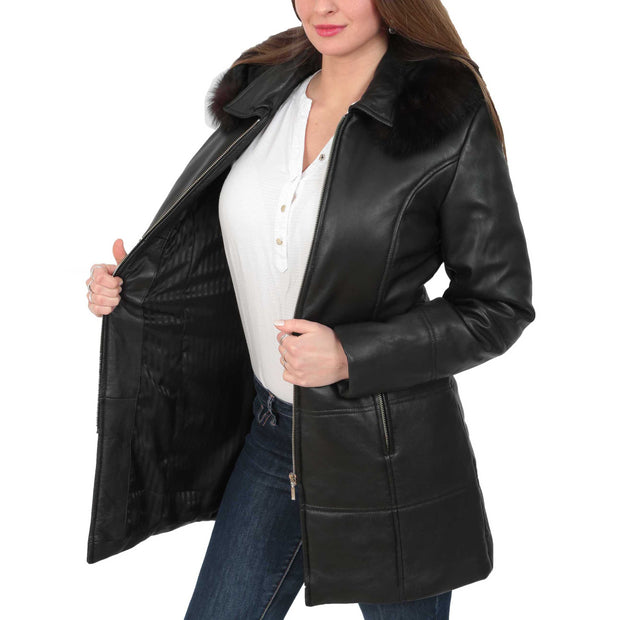 Womens Quilted 3/4 Long Parka Leather Coat with Hood Kelly Black Lining
