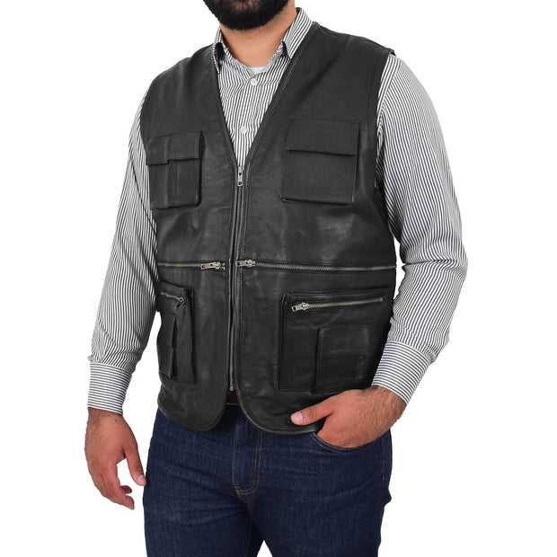 Mens Real Black Soft Leather Fisherman Waistcoat Multi Pockets Gilet Curt