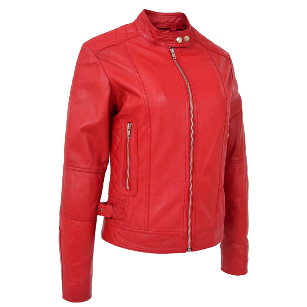 Womens Soft Red Leather Biker Jacket Designer Stylish Fitted Quilted Celeste