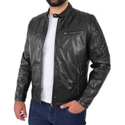 Mens Soft Leather Biker Jacket High Quality Quilted Design Tucker Black