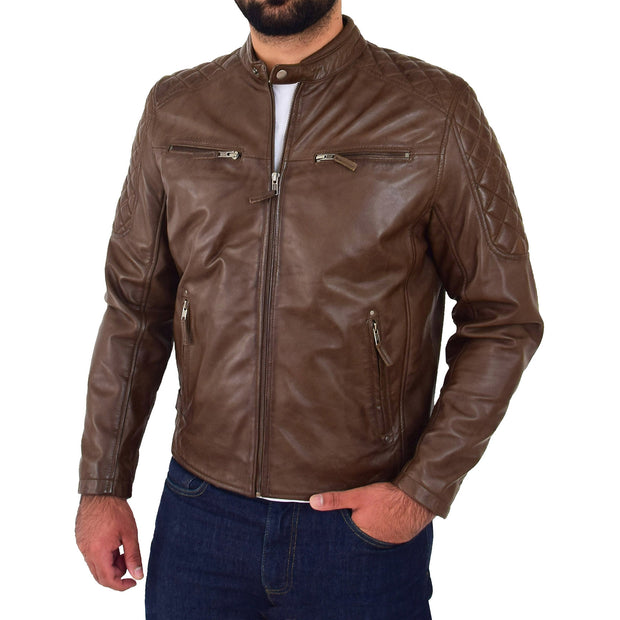 Mens Soft Leather Biker Jacket High Quality Quilted Design Tucker Timber Brown Front 2