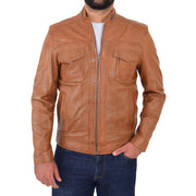 Mens Biker Leather Jacket Cognac Soft Nappa Fitted Standing Collar Tats