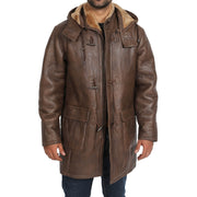 Mens Genuine Sheepskin Duffle Coat 3/4 Long Hooded Jacket Mitchel Brown Open