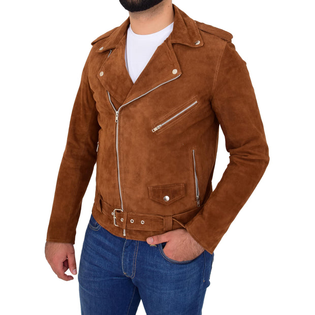 Genuine Suede Leather Biker Jacket For Mens Fitted Brando Coat Jay Cognac Front 1