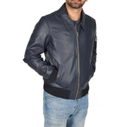 Mens Real Cowhide Bomber Leather Pilot Jacket Lance Navy Front