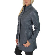 Womens Duffle Leather Coat Detachable Hood 3/4 Long Parka Jacket Mila Sky Blue Front 2