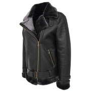 Womens Real Sheepskin Jacket Black X-Zip Aviator Belted Shearling Coat Willow Front Angle 1
