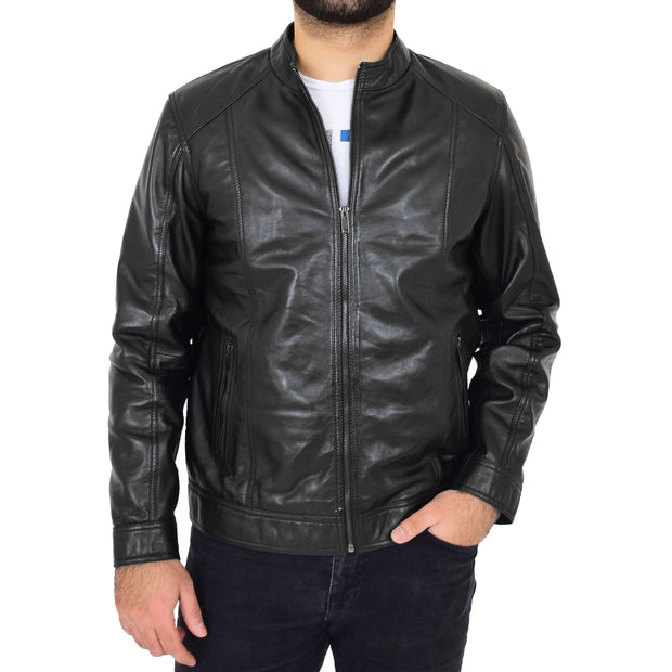 Mens Soft Black Leather Casual Zip Fasten Jacket - Nobel 2