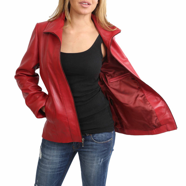 Womens Classic Fitted Biker Real Leather Jacket Nicole Red Lining