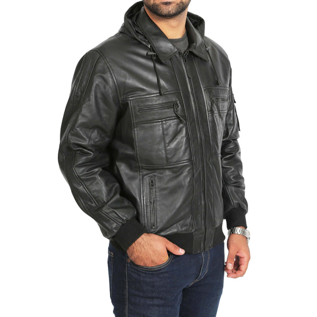 Mens Hooded Bomber Leather Jacket Seth Black main view
