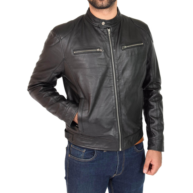 Mens Leather Jacket Biker Style Zip up Coat Bill Black Front 1