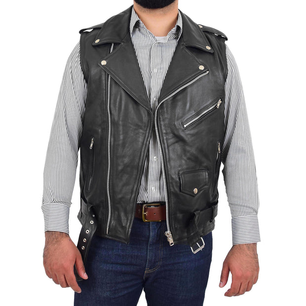 Mens Cowhide Leather Biker Waistcoat Sleeveless Brando Style Gilet Hurley Black Open 2