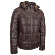 Mens Real Leather Puffer Jacket Fully Padded With Hood DRACO Brown 1