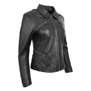 Ladies Soft Leather Jacket Fitted Collared Zip Fasten Biker Style Leah Black Front Angle 2
