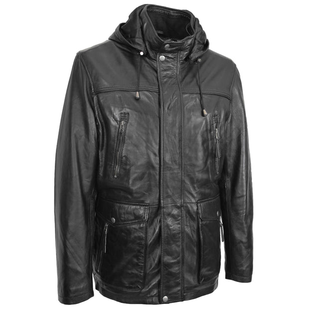 Mens Soft Leather Parka With Hood 3/4 Long Coat DAVE Black 3