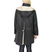 Ladies Parka Leather Coat Black Beige Trim Hooded with Scarf Dress Jacket Pat Back 1