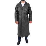 Mens Full Length Leather Coat Black Long Trench Overcoat Terry Front Open 1