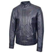 Mens Soft Real Leather Biker Style Jacket Band Collar Zip Fasten ASHER Navy 7