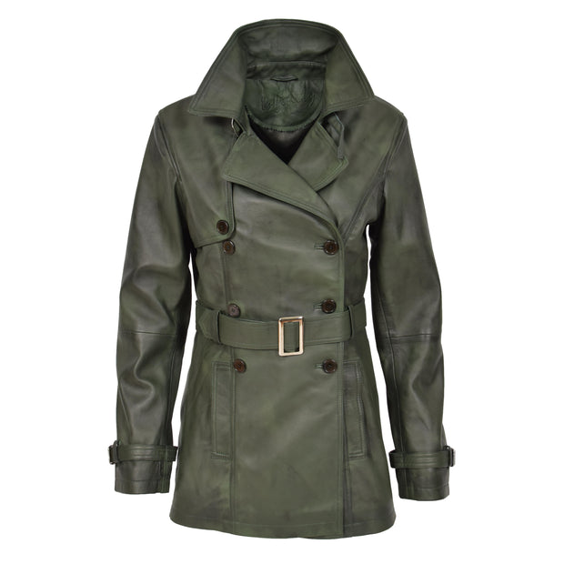 Womens Soft Leather Trench Coat Olivia Green Front 3