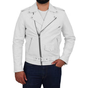 Genuine Cowhide Biker Jacket Heavy Duty Leather Brando Retro Coat Rock White