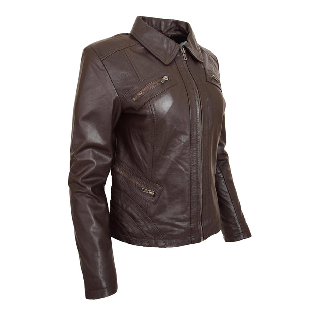 Ladies Soft Leather Jacket Fitted Collared Zip Fasten Biker Style Leah Brown Front Angle 2