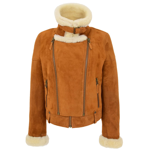 Womens Real Sheepskin Jacket Cognac Merino Shearling Coat Poppy Collar Up
