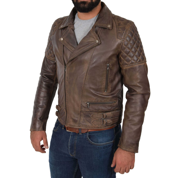 Mens Trendy Biker Leather Jacket Antique Quilted Designer Coat Jace Brown Front 2
