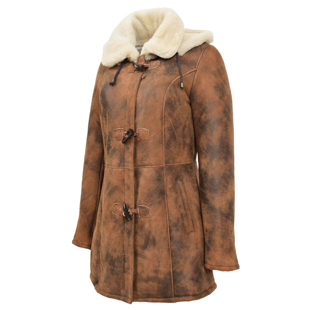 Womens Real Sheepskin Duffle Coat Hooded Shearling Jacket Armas Cognac Front 3