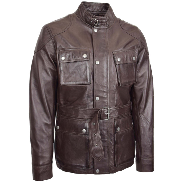 Mens Soft Genuine Leather Trendy Safari Jacket with Waist Belt DAX Brown 4