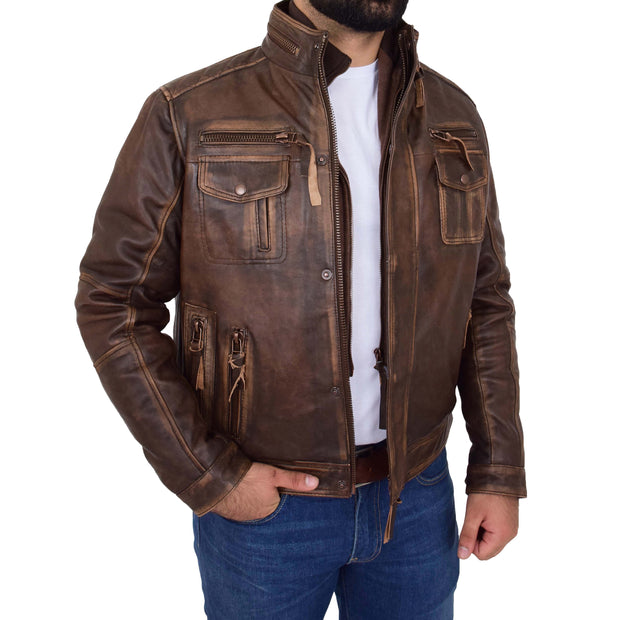 Rust Rub Off Biker Leather Jacket For Men Vintage Rugged Style Coat Mario Open 3