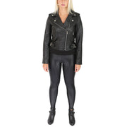 Womens Biker Leather Jacket Stylish Short Slim Fit Girls Coat Moira Black Full 2