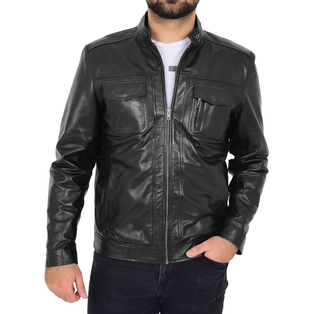 Stand collar leather jacket hotsell