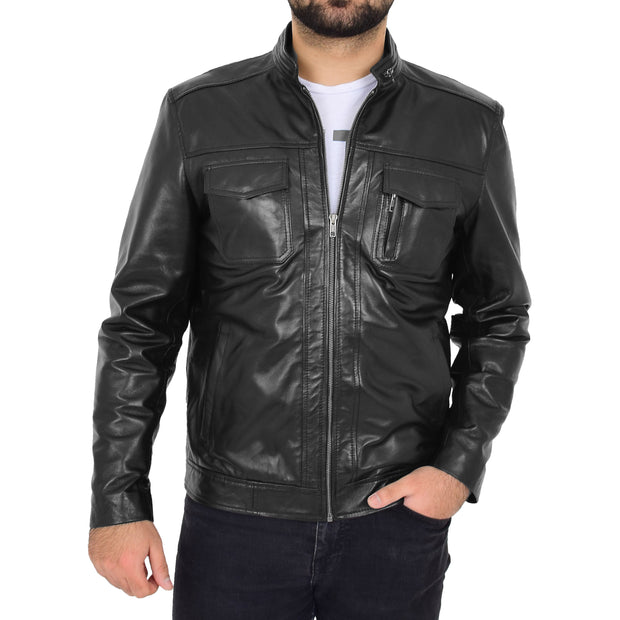 Mens Biker Leather Jacket Black Soft Nappa Fitted Standing Collar Tats