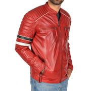 Mens Biker Leather Jacket Stripes Standing Collar Coat Ricky Red Front 2