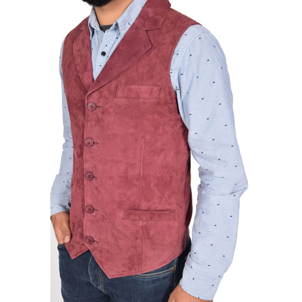 Mens Real Suede Leather Waistcoat Classic Vest Yelek Status Burgundy Front 2