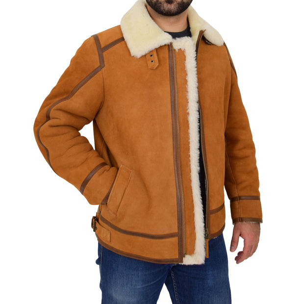 Mens Real Sheepskin Cognac Jacket Flying Top Gun Shearling Coat Karl Open 1