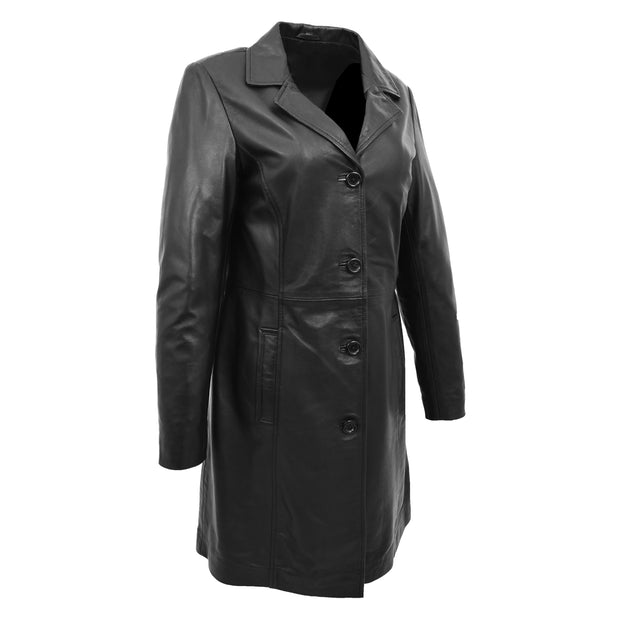 Ladies 3/4 Long Classic Fitted Soft Leather Knee Length Coat Laura Black Front Angle 1