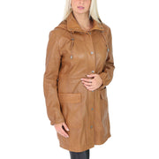 Ladies Duffle Leather Coat 3/4 Long Detachable Hood Classic Parka Jacket Liza Tan
