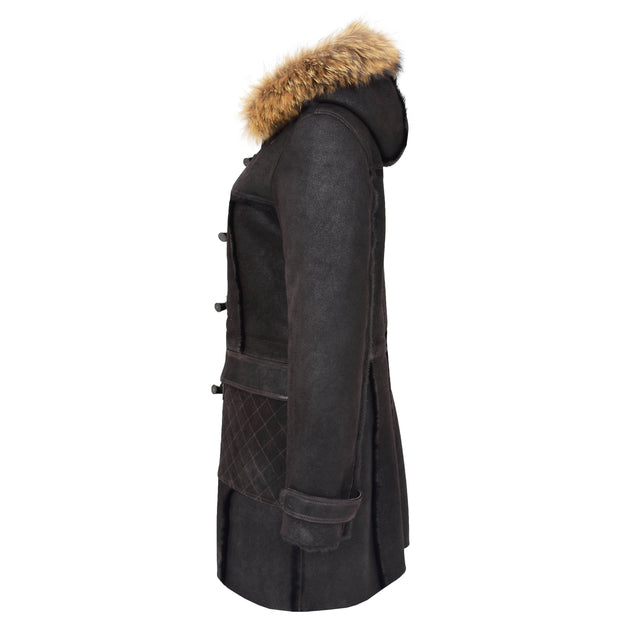 Womens Genuine Sheepskin Duffle Coat Hooded Shearling Jacket Evie Brown Side