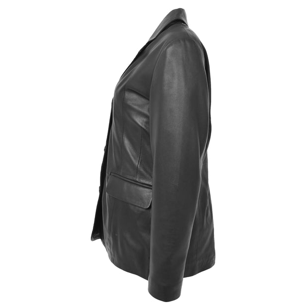 Womens Soft Black Leather Blazer Jacket Button Fasten Semi Fit Coat Leila Side