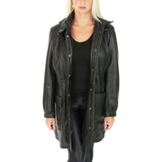 Ladies Duffle Leather Coat 3/4 Long Detachable Hood Classic Parka Jacket Liza Black Open 1